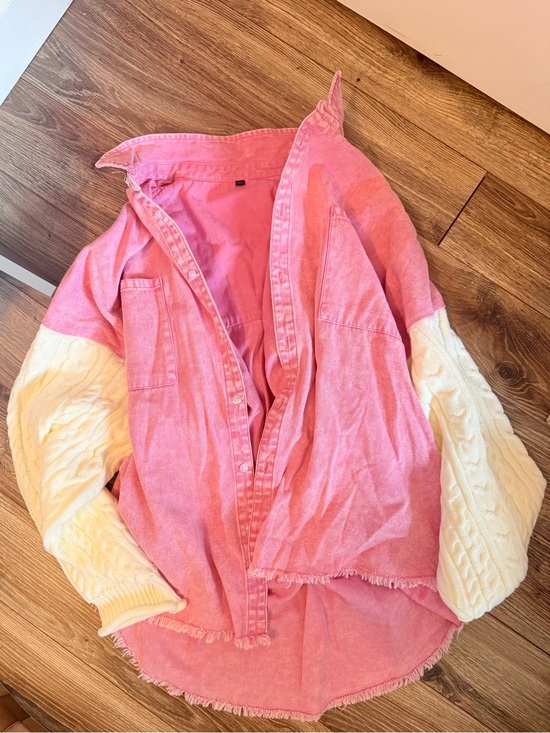 Tops - Pink Denim Shacket with Cream Cable Knit Sleeves